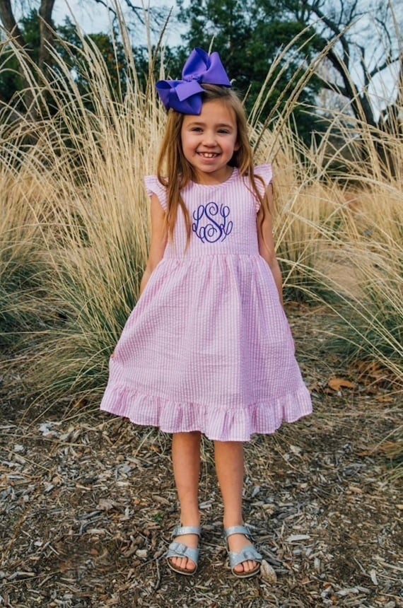 SewedSweetly Monogrammed Seersucker Dress Girl Easter Dress Girl 4th of July Dress Back to School Dress Girl Monogram Sun Dress
