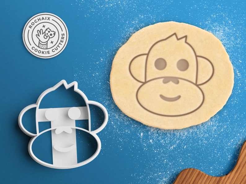 Cortador de galletas de mono Cortador de galletas Emoji Cortador de galletas de plátano Galletas de plátano Regalo de baby shower Lindo mono gorila chimpancé regalo esponjoso imagen 1