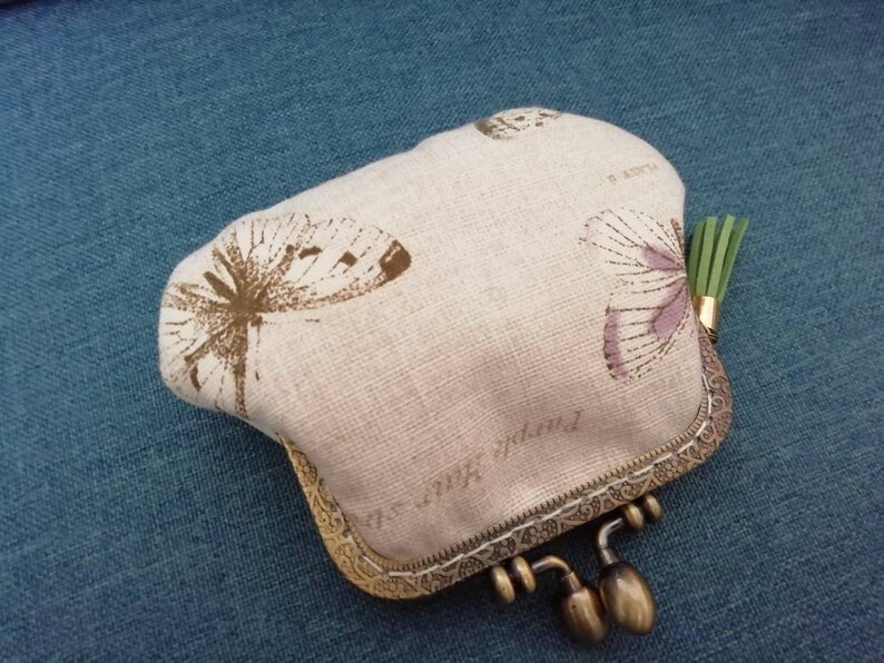 Beige and green butterfly-printed purse
