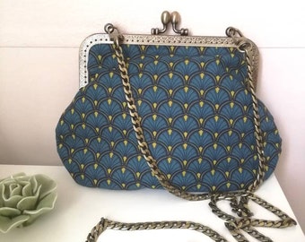 Petit sac en tissu coton pour femme, pochette à fermoir rétro imprimé art déco bleu canard  jaune et noir