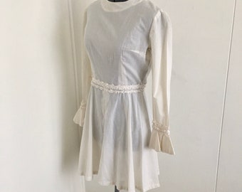 Vintage White Dress Cream Off White Long Sleeve Dress with Ruffles polka dots bell sleeve daisy Wedding Dress Size Extra Small to Small