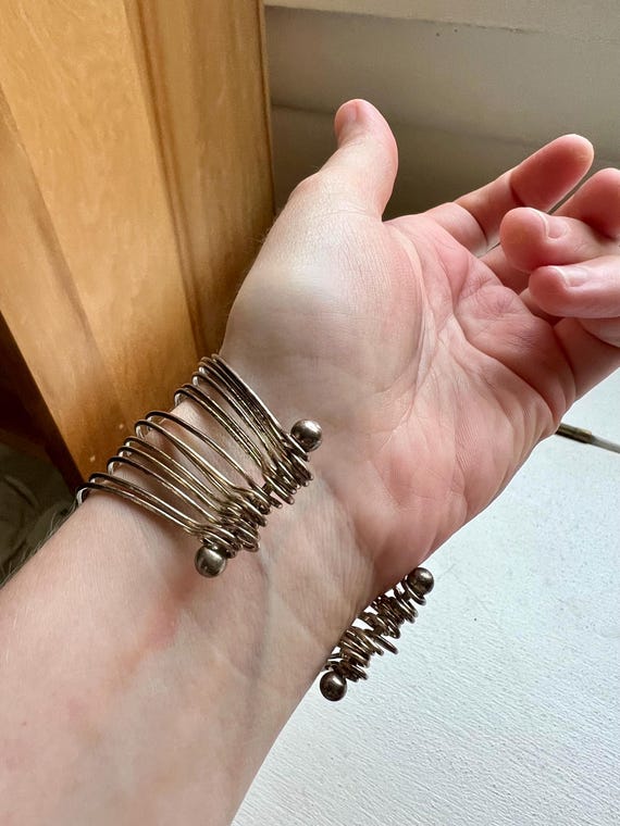 Vintage Sterling Silver Beaded Cuff Bracelet: Han… - image 6