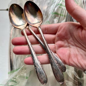 May include: Three silver spoons with ornate handles. The spoons are held in a hand and are in a plastic bag.