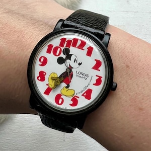 Vintage Mickey Mouse Watch 1980s Walt Disney Quartz red watch black adjustable band analog watch Retro Wrist Watch Unisex gift Birthday