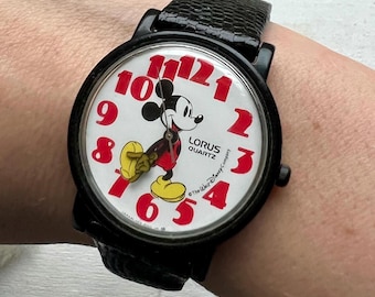 Vintage 1980s Mickey Mouse Watch, Black Band, Walt Disney
