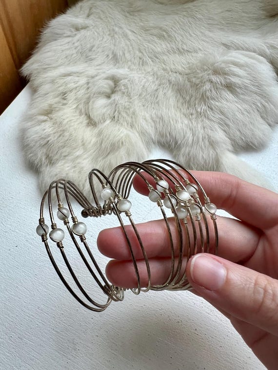 Vintage Sterling Silver Beaded Cuff Bracelet: Han… - image 4