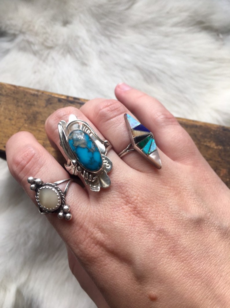 Vintage ring turquoise sterling silver Navajo squash blossom les baker handmade 1970s 1960s signed stamped boho festival womens 9.5