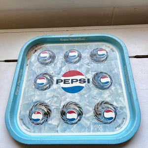 Vintage Pepsi-Cola 1960s metal serving tray aqua blue Pepsi advertising drink tray barware retro kitchen home decor gift ideas Christmas