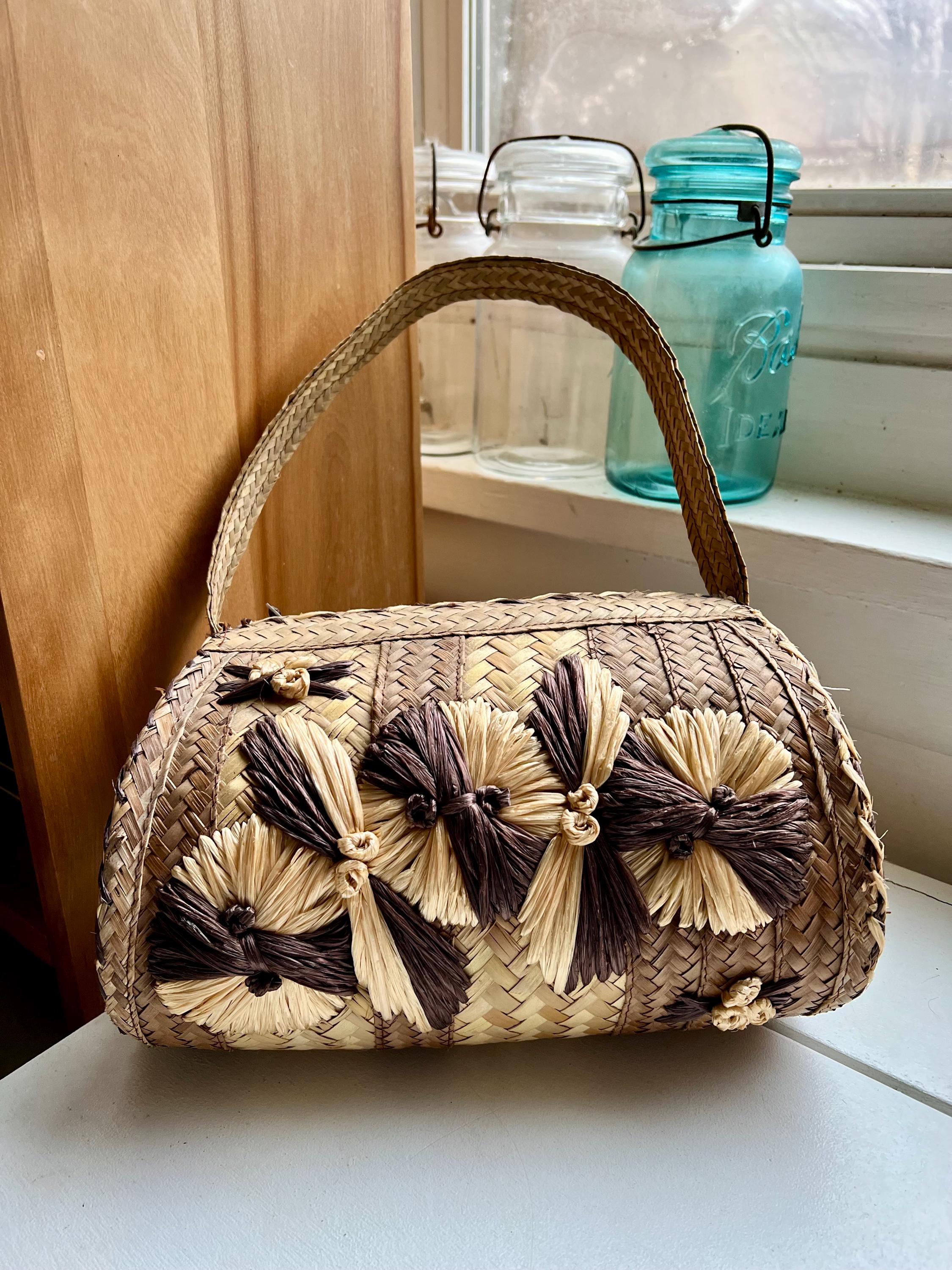 稀少☆50's Straw Bag 50年代 ストローハンドバッグ 50's Straw Bag with Striped Gold Cello Weaving
