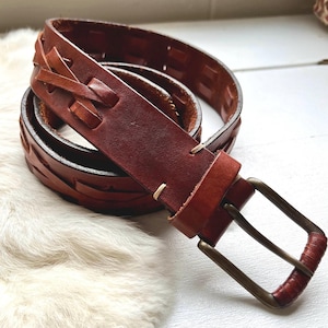 Vintage belt brown leather belt brass belt buckle braided Valmars style thick design retro men’s women’s accessories size Large gift dads