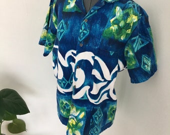 Vintage 1960s Hawaiian shirt pattern shirt floral blue green white short sleeve 1950s rare womens mens spring summer outfit gift size medium