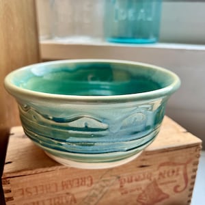 Handmad Bowl Medium: Green and Blue drip carved Design Cermaic Pottery