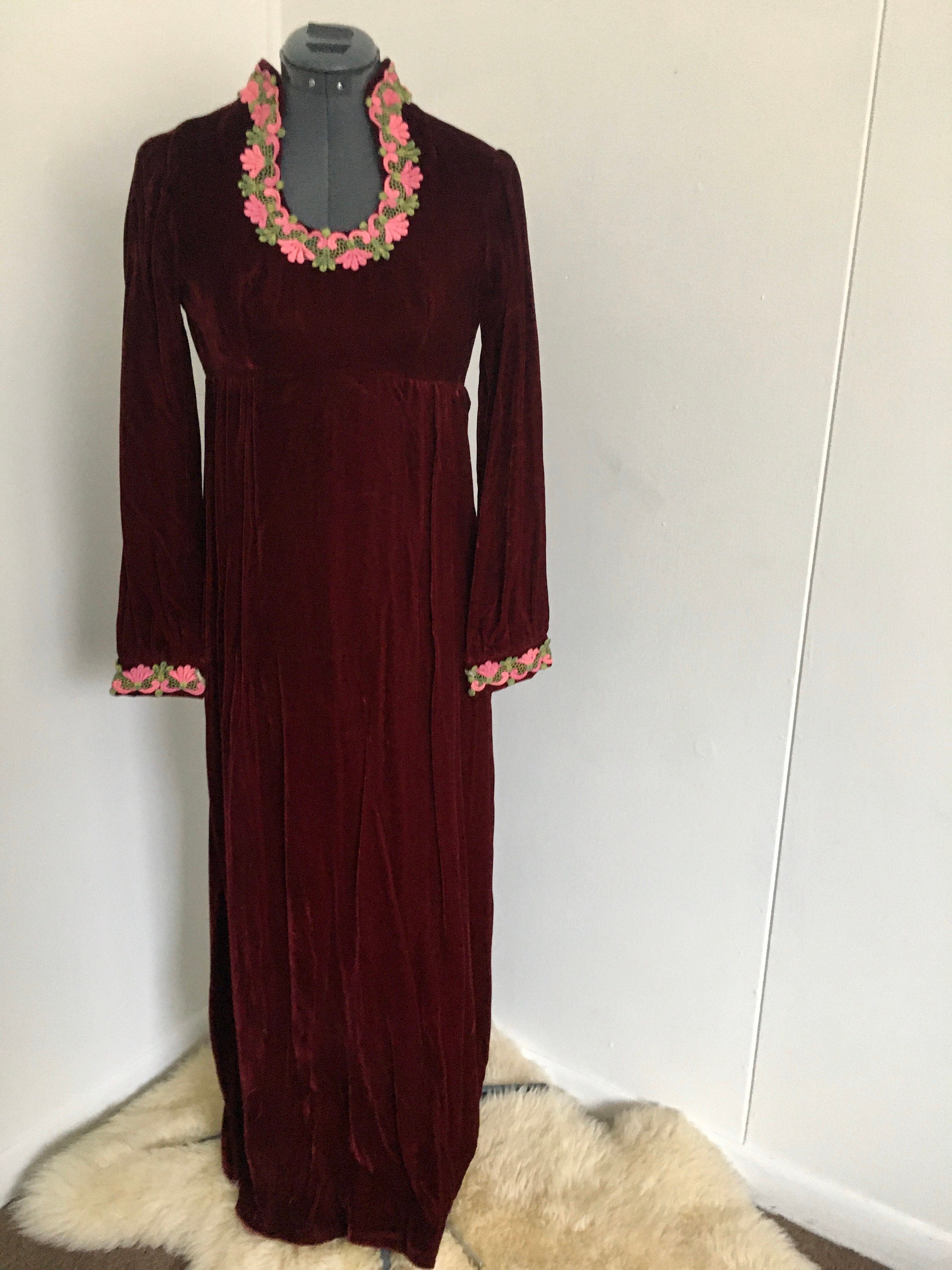 1960s velvet dress maroon long sleeve maxi mod boho retro | Etsy