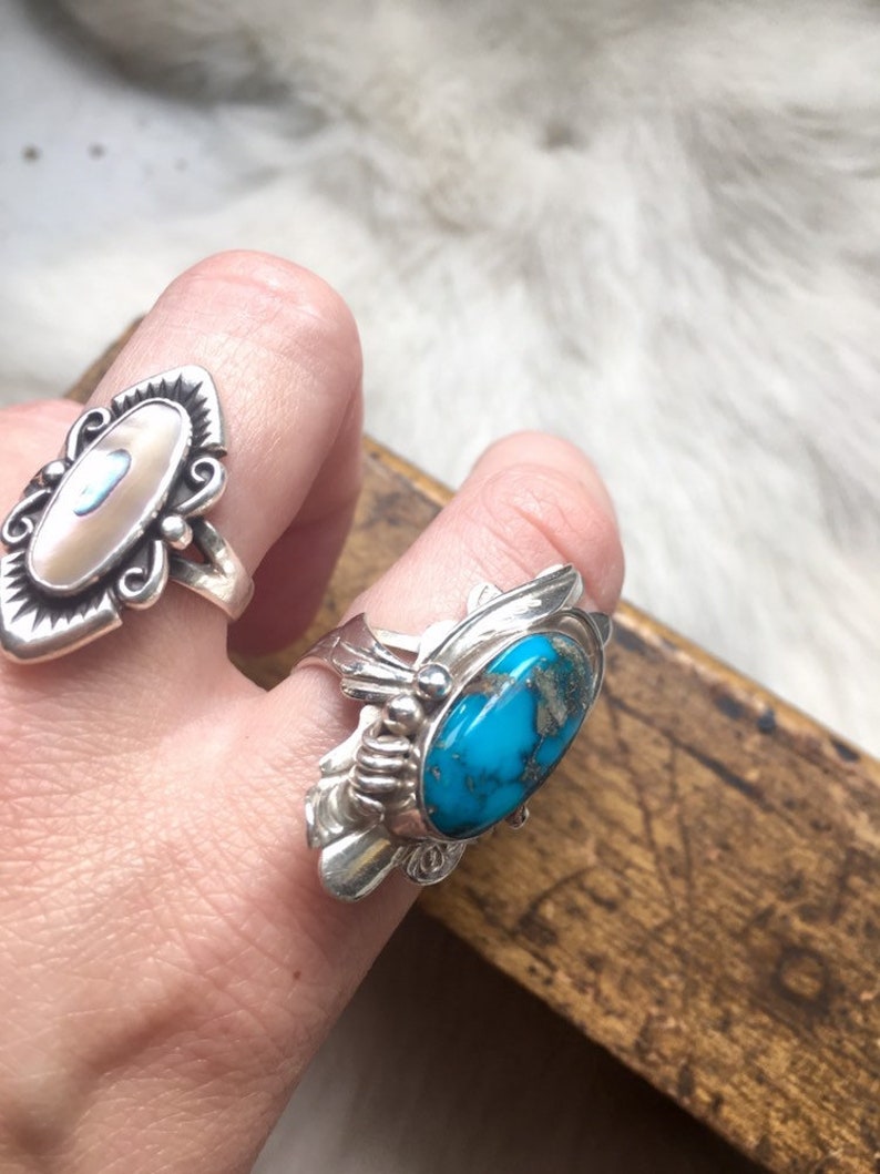 Vintage ring turquoise sterling silver Navajo squash blossom les baker handmade 1970s 1960s signed stamped boho festival womens 9.5