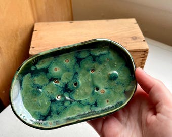 Handmade Soap Dish, ceramic pottery blue, green drip design