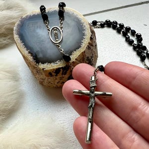 Vintage Onyx Rosary Necklace: Beaded Catholic Cross, 20 inch Chain