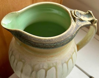 Vintage Handmade Ceramic Pitcher: Green Drip Design Vase, 5 Cup