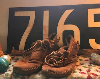 1970s Minnetonka Vintage Leather Moccasin Boots with Fringe and Southwestern Accents and Rubber Sole Ladies Leather Booties Womens Size 7.5