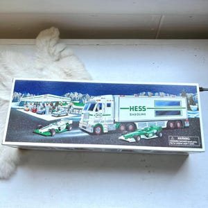 Vintage Hess Toy Truck Racecars 2003 rare toys children’s boys room decor green white truck Collectable NOS in Box father Gift boys dad
