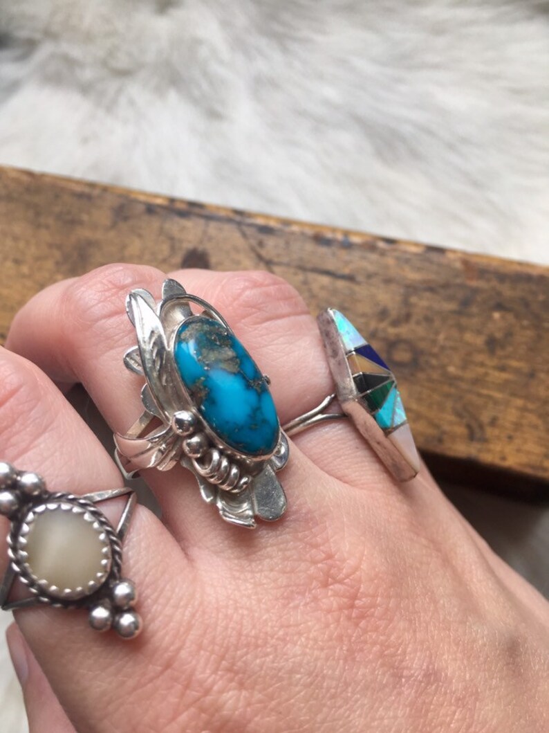 Vintage ring turquoise sterling silver Navajo squash blossom les baker handmade 1970s 1960s signed stamped boho festival womens 9.5