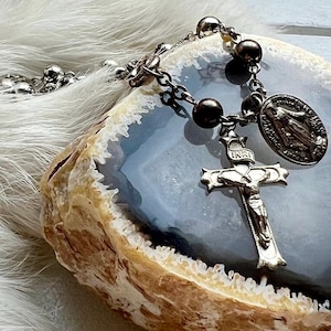 Vintage Sterling Silver Rosary bracelet beaded chain cross crucifix religious Catholic accessories cross bangle jewelry beads gift mom faith