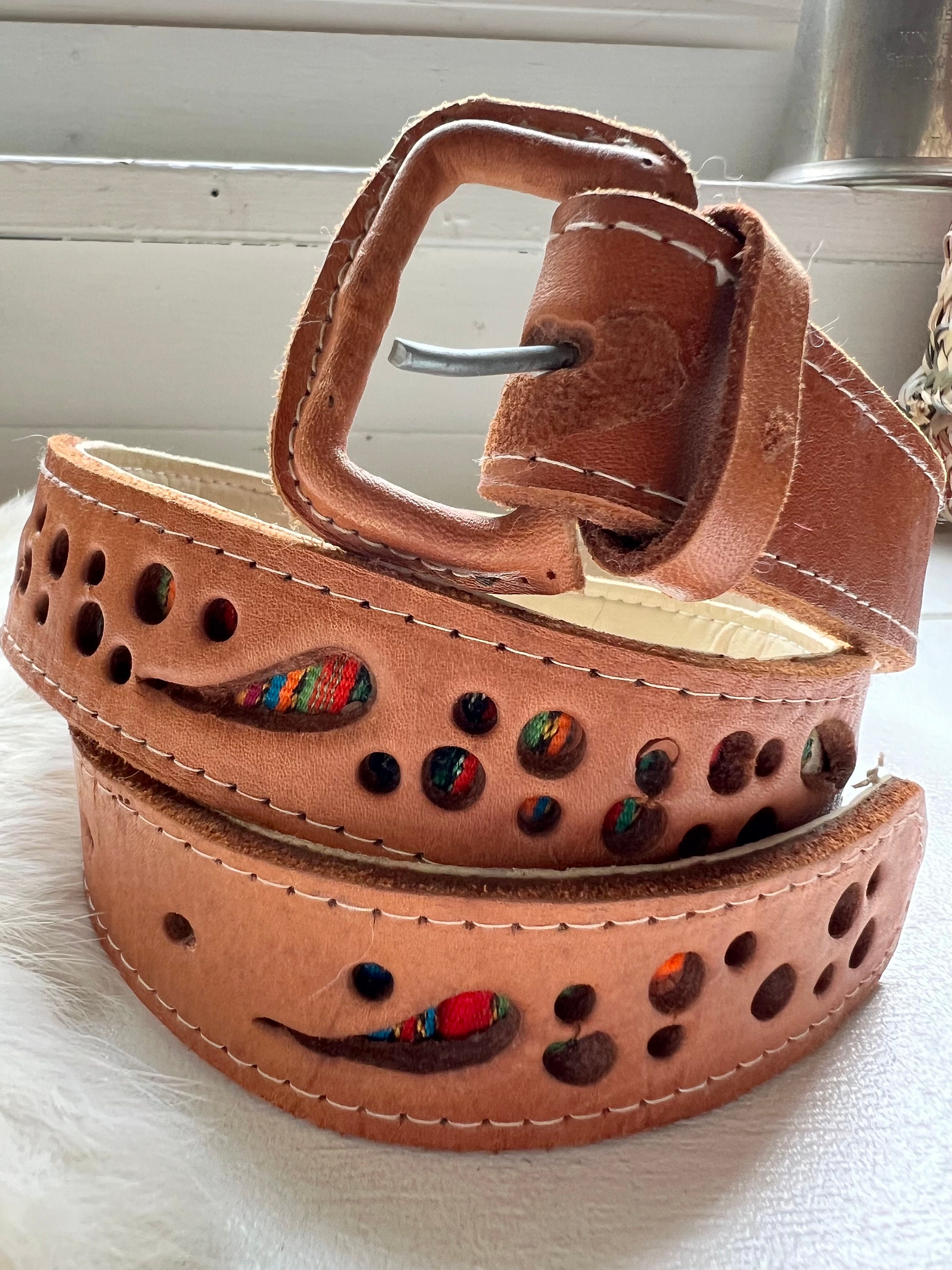 Vintage Leather Belt: Woven Rainbow Cutout, Boho Style, Size  display picture 3
