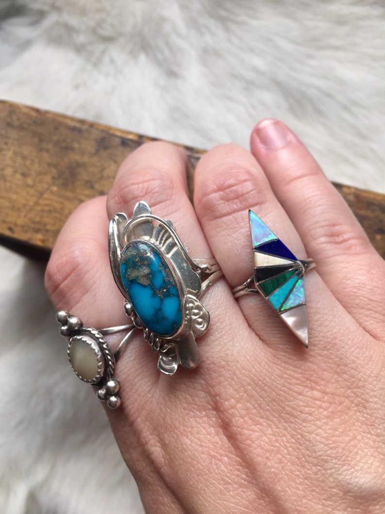 Vintage ring turquoise sterling silver Navajo squash blossom les baker handmade 1970s 1960s signed stamped boho festival womens 9.5