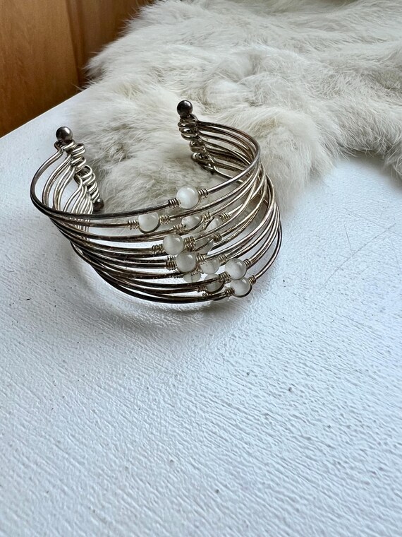 Vintage Sterling Silver Beaded Cuff Bracelet: Han… - image 9