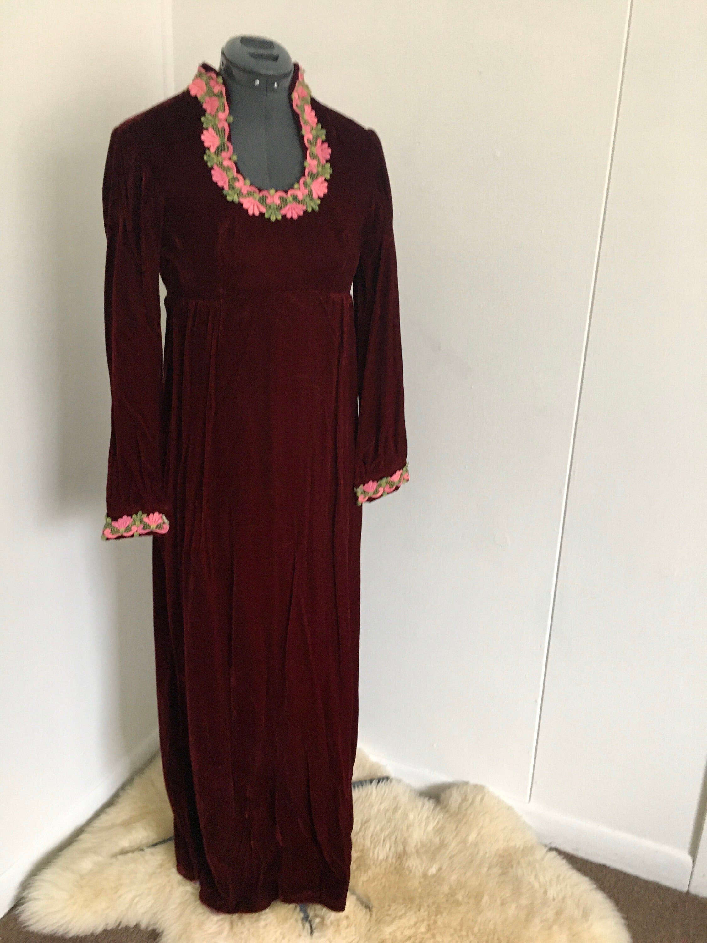 1960s velvet dress maroon long sleeve maxi mod boho retro | Etsy