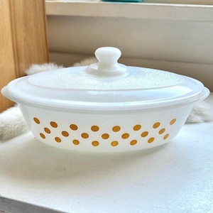 Vintage Glasbake casserole dish yellow polka dots 1950s 1960s kitchen glassware decor made in USA retro mid century modern home decor gifts