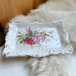 Vintage Rose floral dish ceramic bouquet flower leaf ring dish jewelry plate antique plates womens gift present boho home decor gift ideas