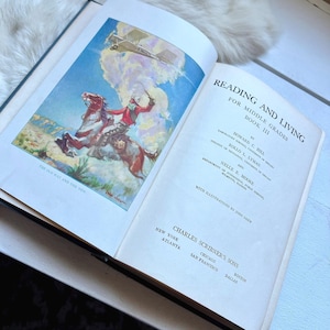 1930 Reading and Living book Lewis Carrol Twain Readers book Antique English short story home decor text book school gift illustrated text