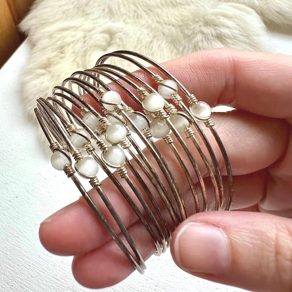 Vintage Sterling Silver Beaded Cuff Bracelet: Han… - image 1