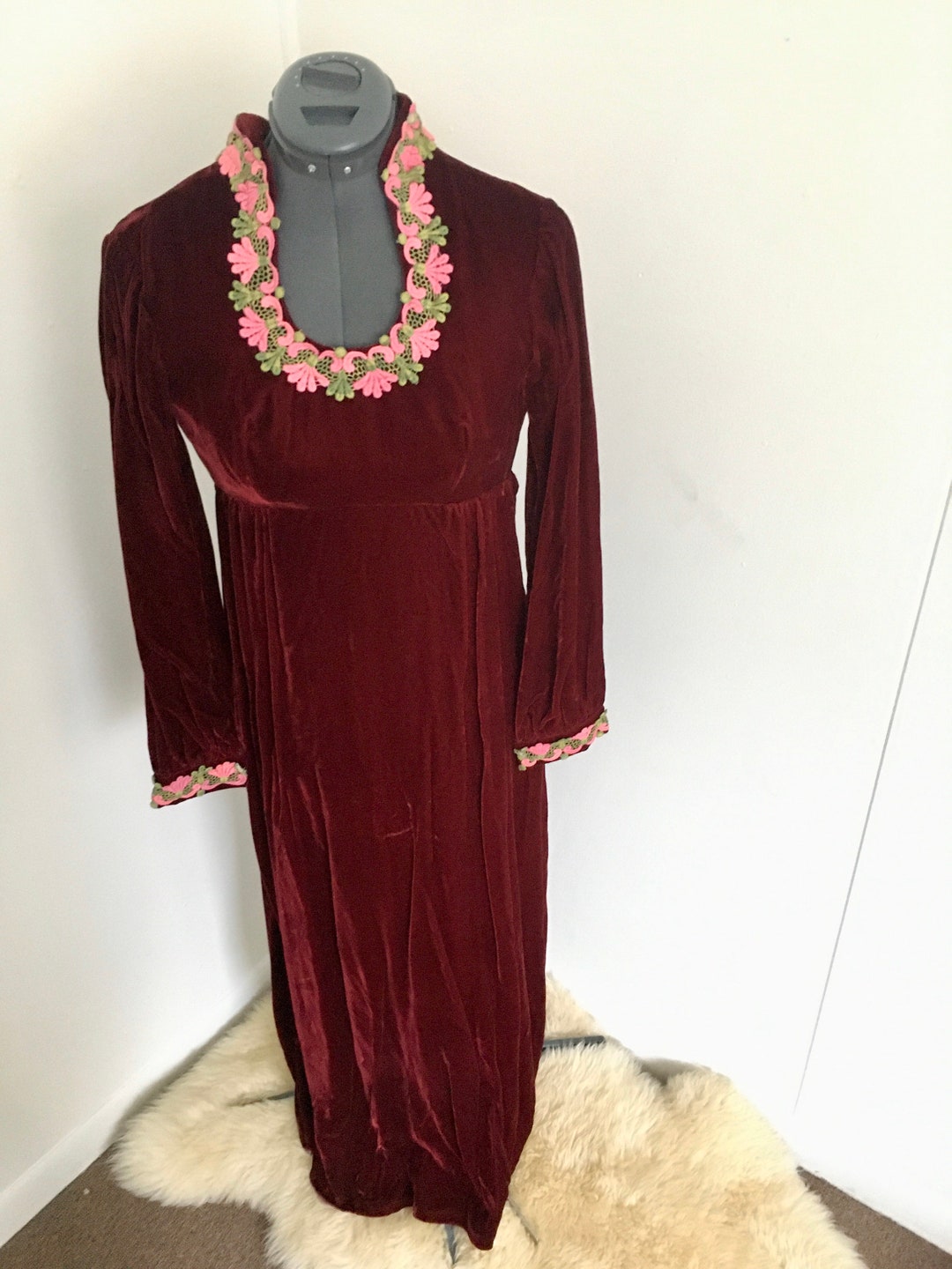 1960s Velvet Dress Maroon Long Sleeve Maxi Mod Boho Retro - Etsy