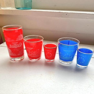 Vintage 1967 Expo 67 glass drink set tumbler shot glass red blue gold rim worlds fair wear home decor gifts idea for women men gifts for dad