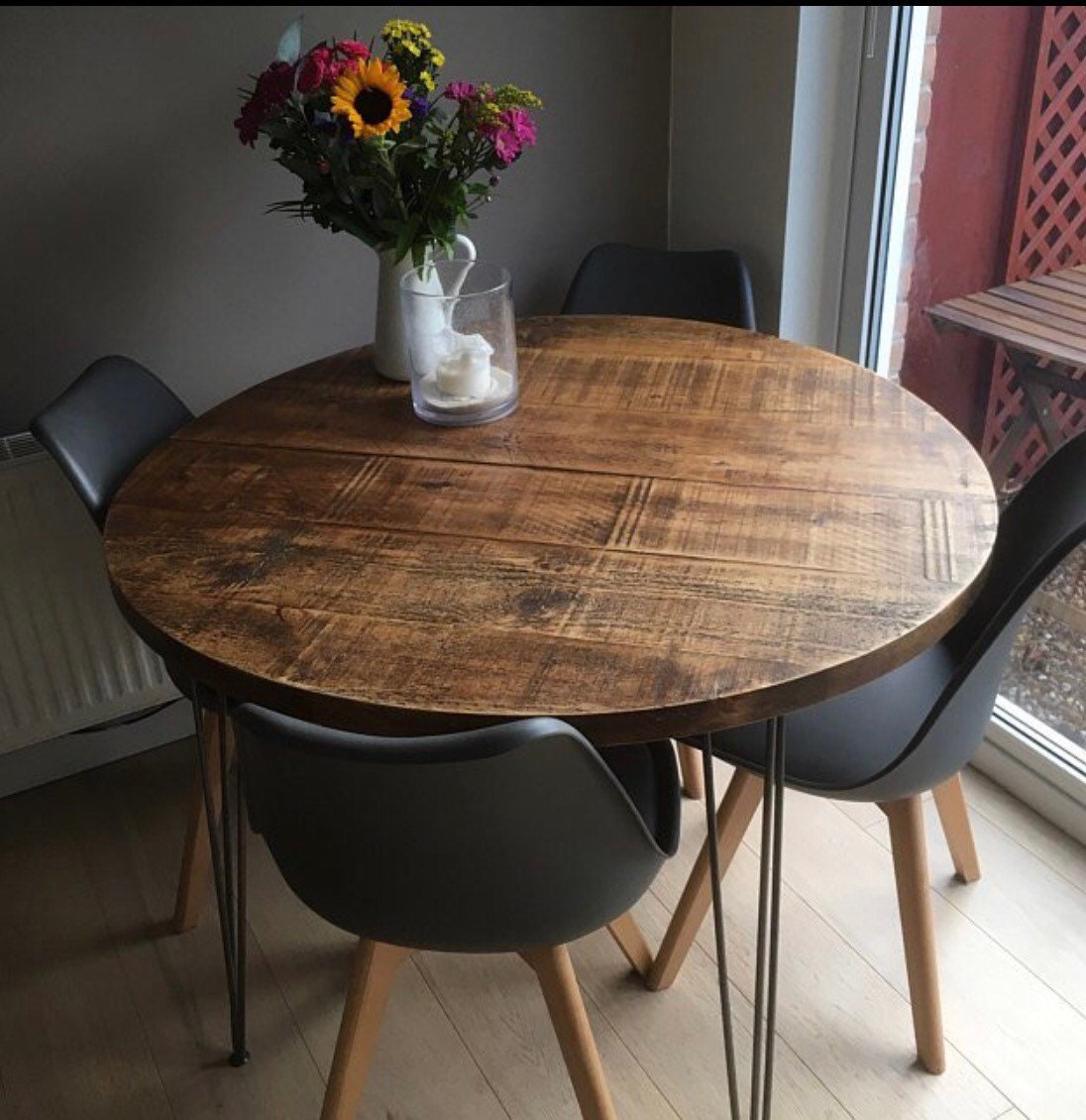 Round Rustic Industrial Dining Table Hairpin Legs Reclaimed Etsy
