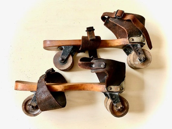 Antique 1880's Roller Skates Wooden Bases, Wheels… - image 1