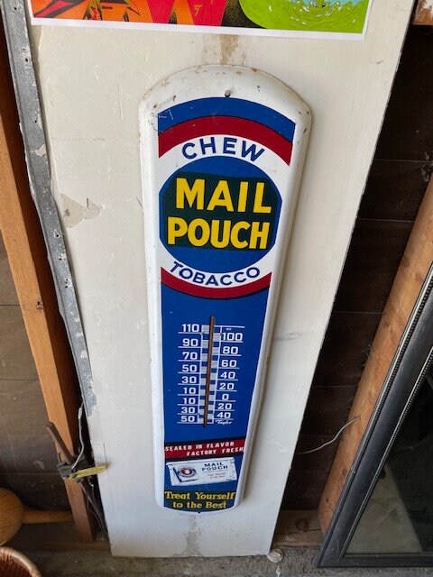 Vintage MAIL POUCH Chewing Tobacco Advertising Sign with Thermometer