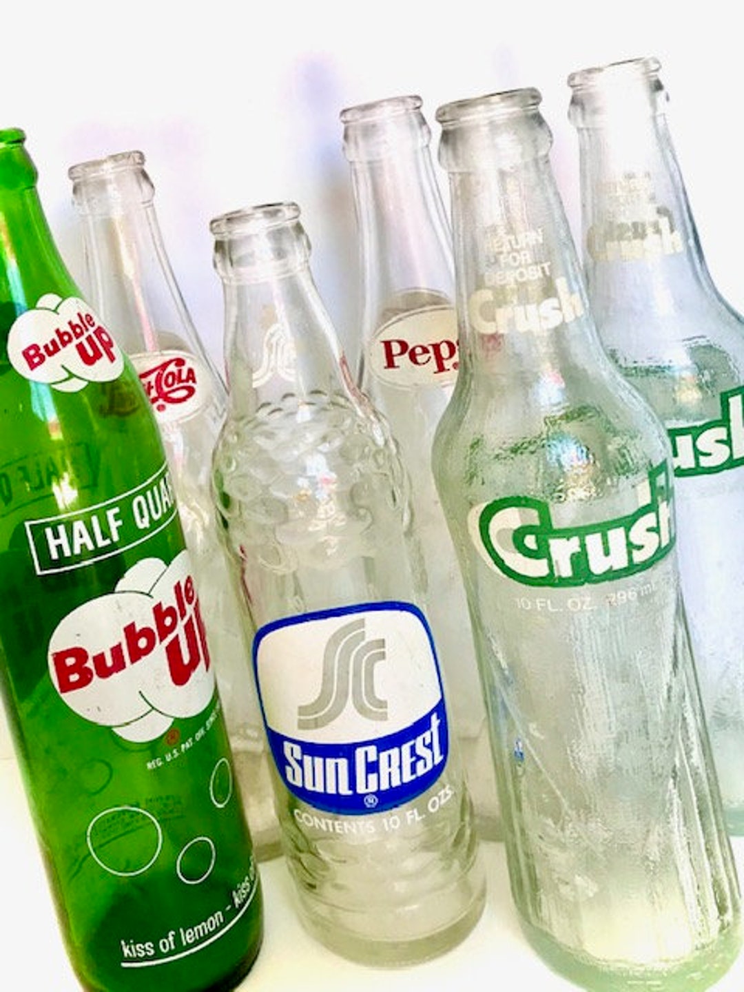 Retro Lot of Vintage Soda Bottles 6 Vintage Glass Soda Bottles 1950's