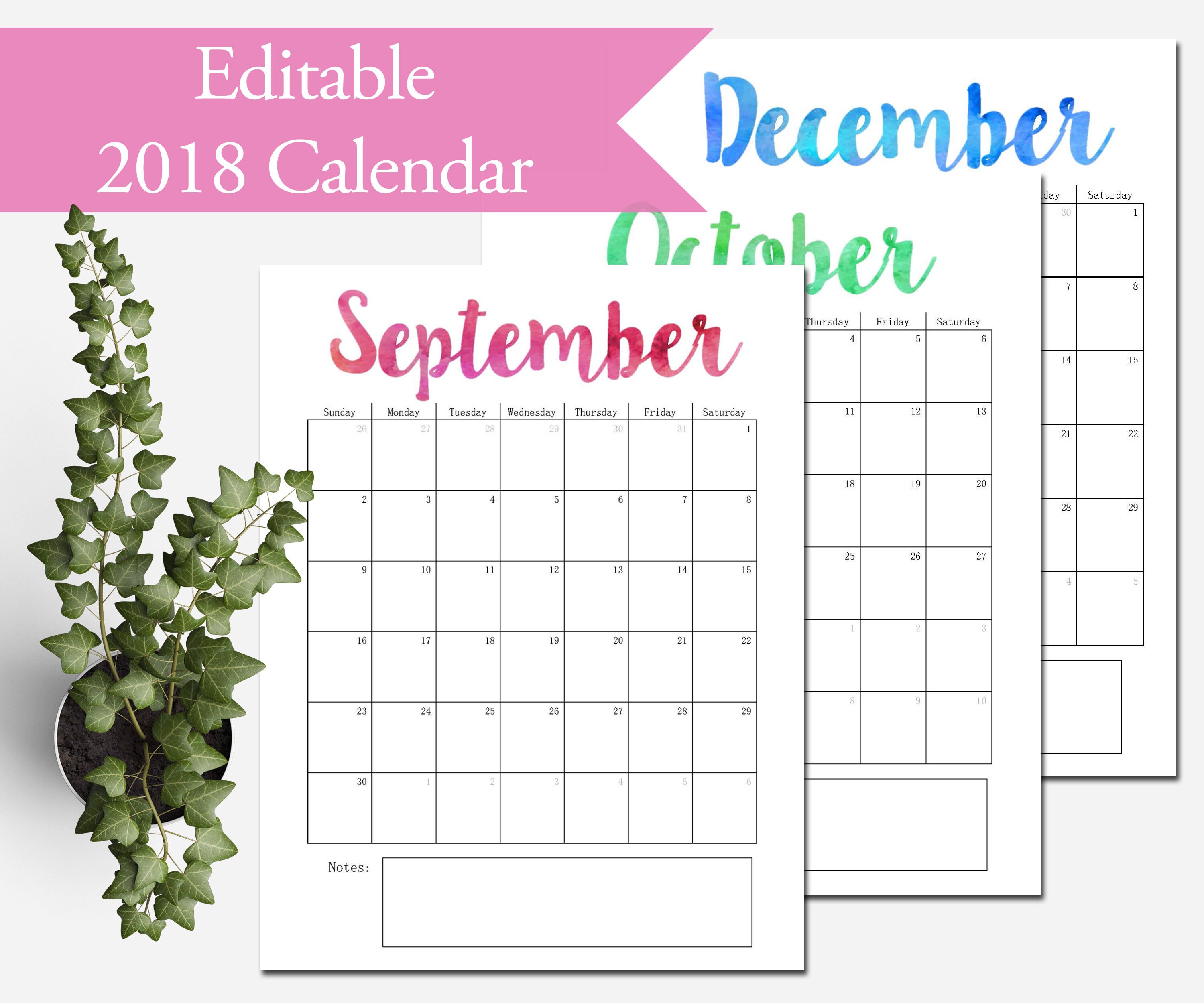 2018 Calendar Printable Editable Monthly Pages Letter Size ...