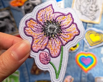 Anemone Flower Embroidered Patch with Iron on Backing