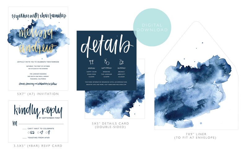 watercolor wedding invitation suite download modern boho custom designed handwritten printable bohemian navy and gold digital design
