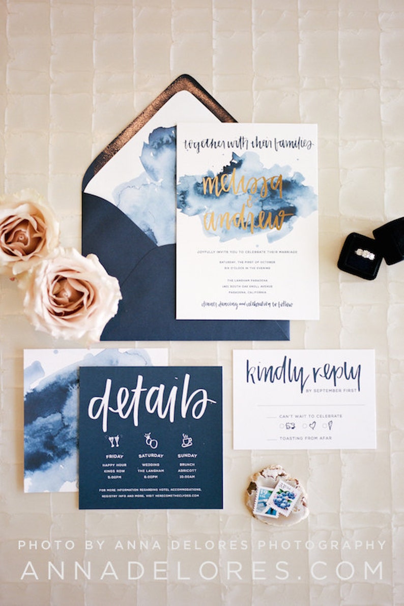 watercolor wedding invitation suite download modern boho custom designed handwritten printable bohemian navy and gold digital design