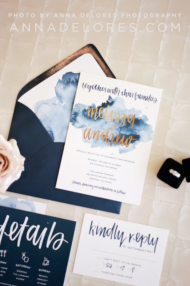 watercolor wedding invitation suite download modern boho custom designed handwritten printable bohemian navy and gold digital design
