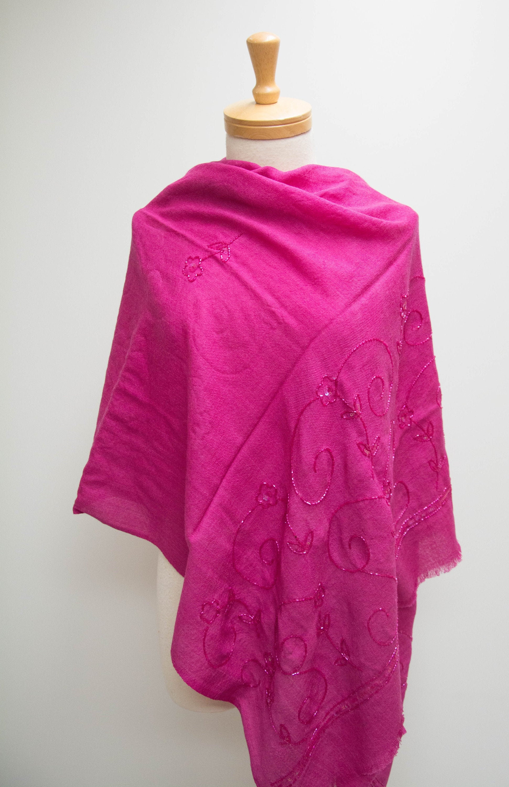 Fuchsia Pink Cashmere Scarf with Embroidery: Handmade Fair-Trade