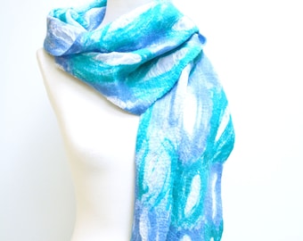 Blue Felt and Silk Scarf / Tassel Scarf / Silk Scarf Women / Gifts for Her / Gifts for Mom / Scarves for Women / Vibrant Outfits