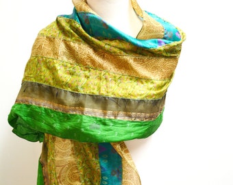 Green Recycled Silk Sari Scarf: Lightweight Fair-Trade Shawl