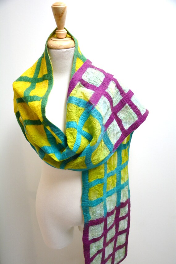 Rainbow Grid Pattern Felt and Silk Scarf / Gifts for Her / | Etsy