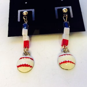 red, white and blue baseball earrings, baseball jewelry, ball park earrings, sports gift, baseball charms with seed beads and ball posts