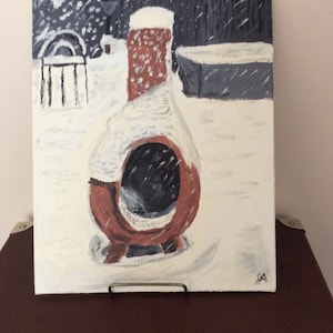Winter scene original, Chiminea in winter, snowy art, chiminea in snow art, original acrylic painting, JeriAielloartstore, James Aiello art